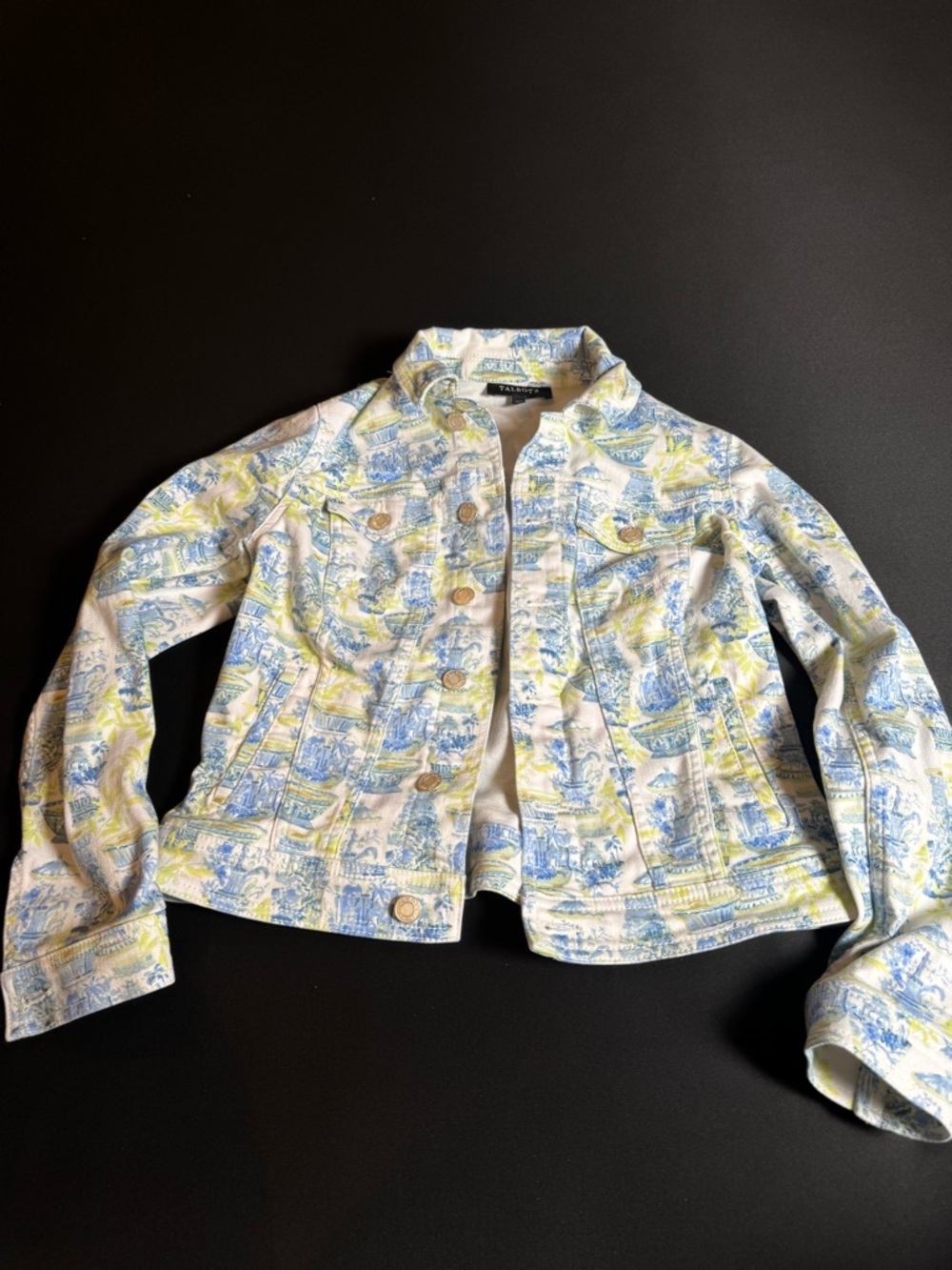 Talbots Blue Yellow Printed Denim Jacket Preppy Boho Classic